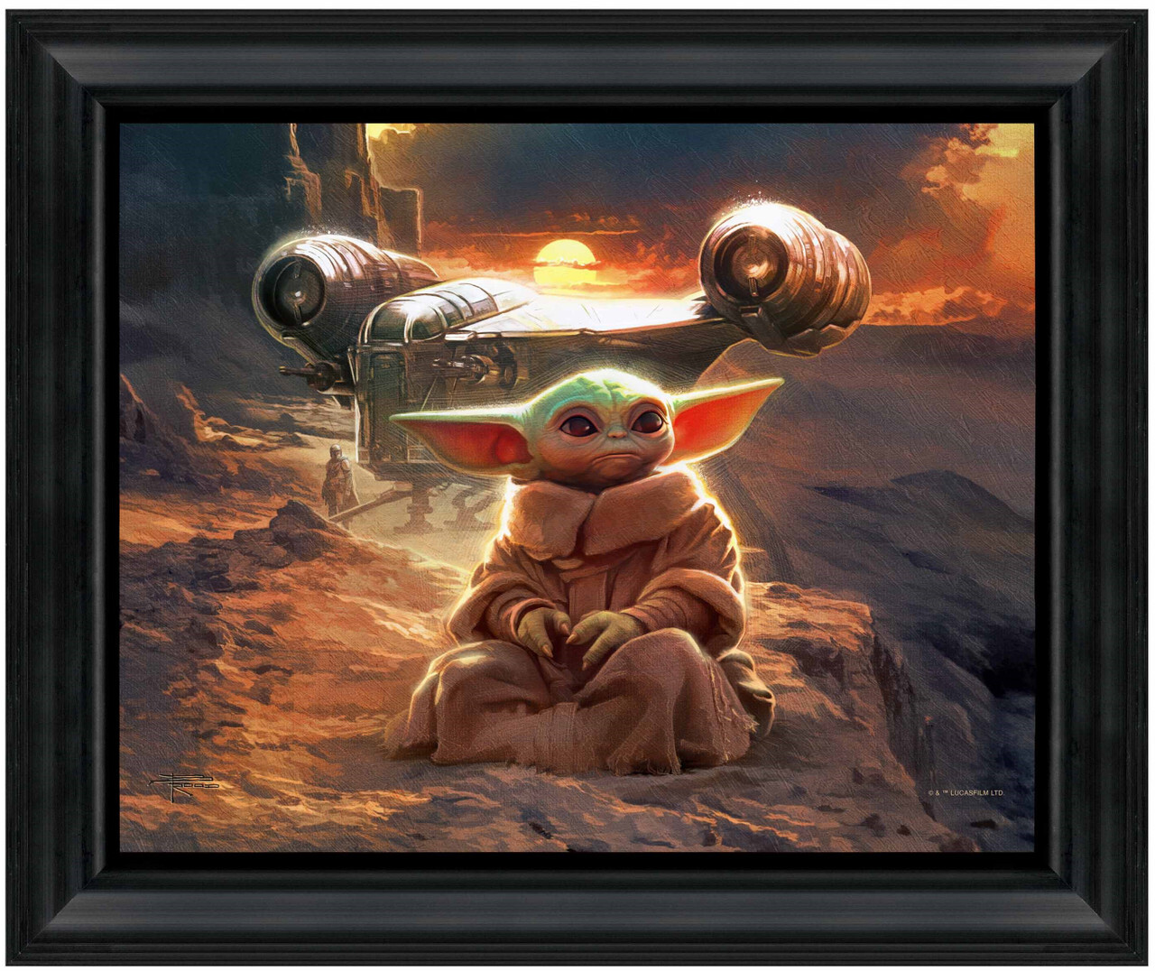 This artwork masterfully blends cinematic storytelling with timeless artistry, bringing to life the quiet bond between Grogu and The Mandalorian