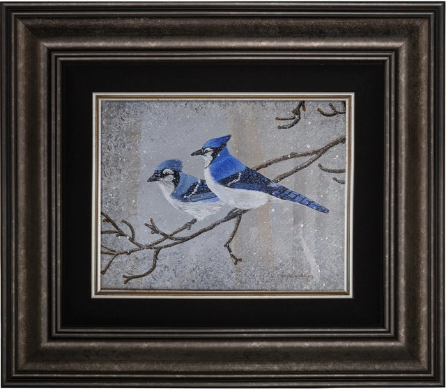 Blue Jay Couple in Snowy Tree Framed Original Canvas by Joyce Wilking