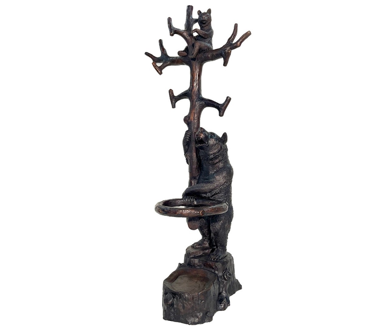 This whimsical tree-style bronze bear and cub coat rack umbrella stand sculpture will be a conversation when friends visit. 