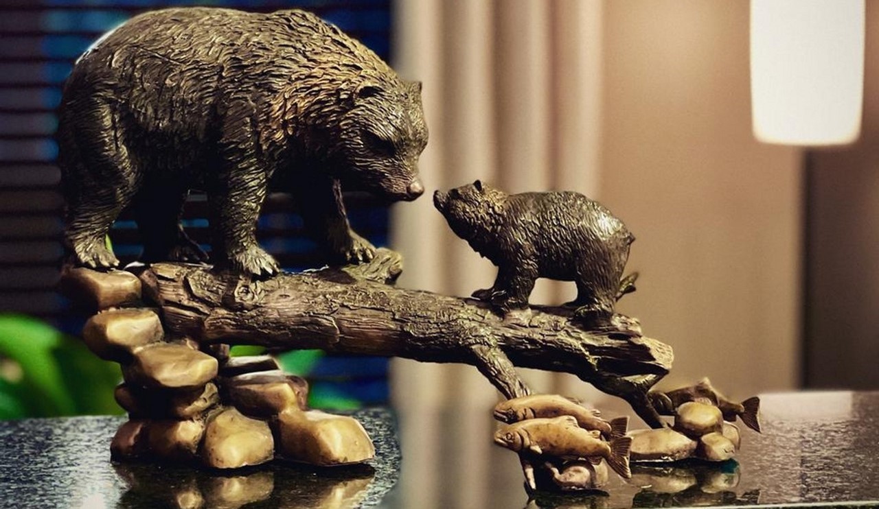 Bronze Bear and Cub Crossing Log Tabletop Sculpture