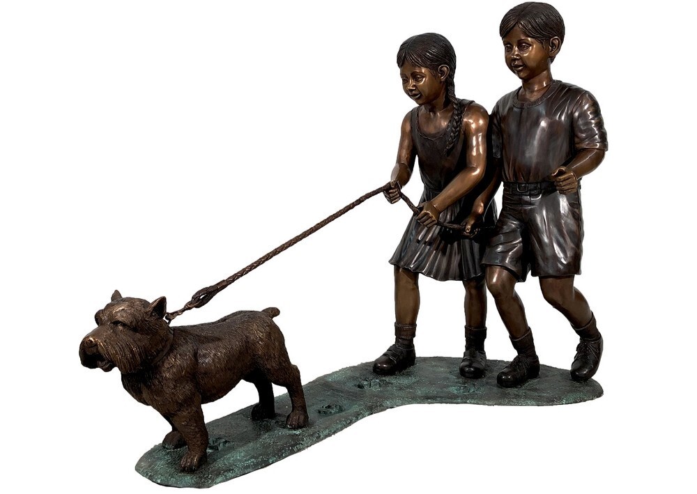 Elevate your space with this exquisite Bronze Boy & Girl Walking Terrier Dog Sculpture.