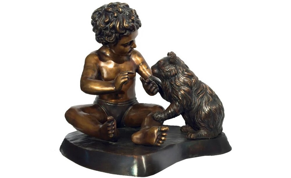 This bronze sculpture features an adorable little boy sitting with his curious cat. 