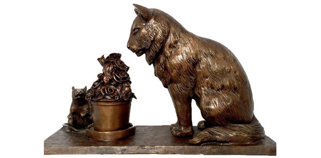 Bronze Cat and Mouse Tabletop Sculpture