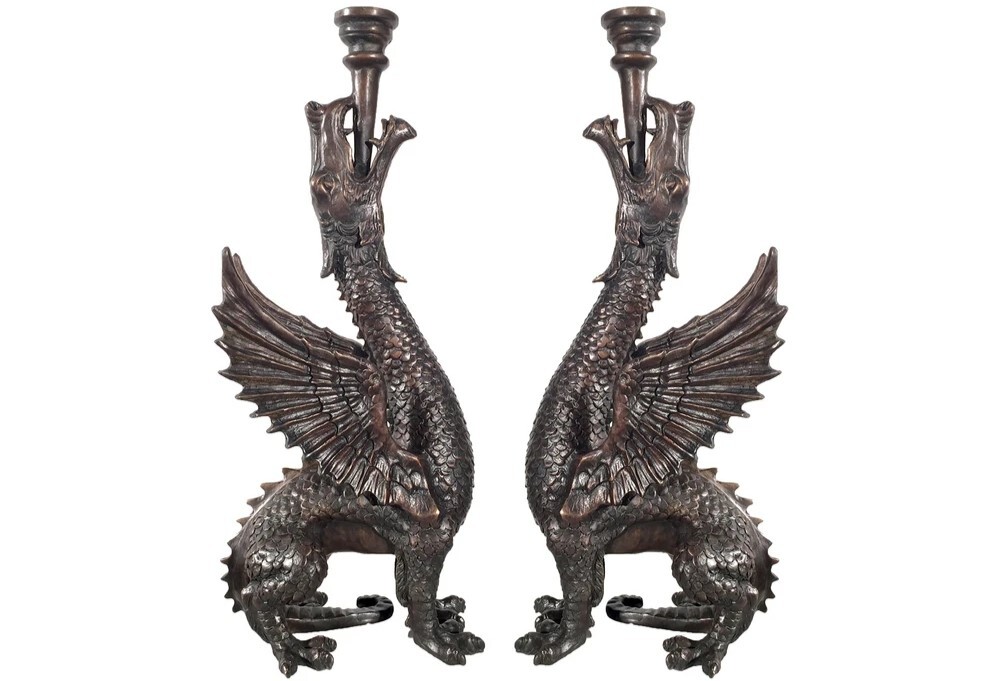 Bronze Dragon Candle Holder Sculpture Pair: A Mythical, Fire Lit Accent for Home & Commercial Interior Displays Illuminate your space with the captivating Bronze Dragon Candle Holder Sculpture Pair.