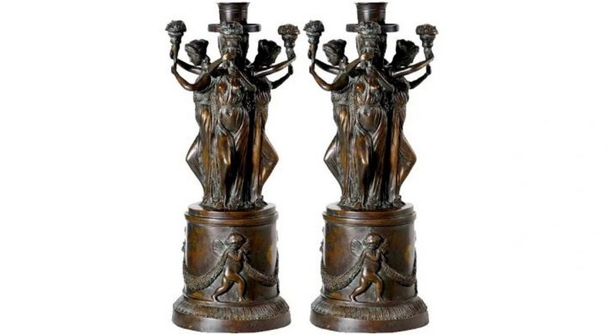 Illuminate Your Space with the Bronze Four Ladies Candelabra Pair Sculpture