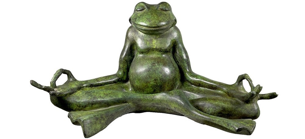 Transform your space with the serene and captivating presence of this Bronze Frog Meditating Tabletop Sculpture.