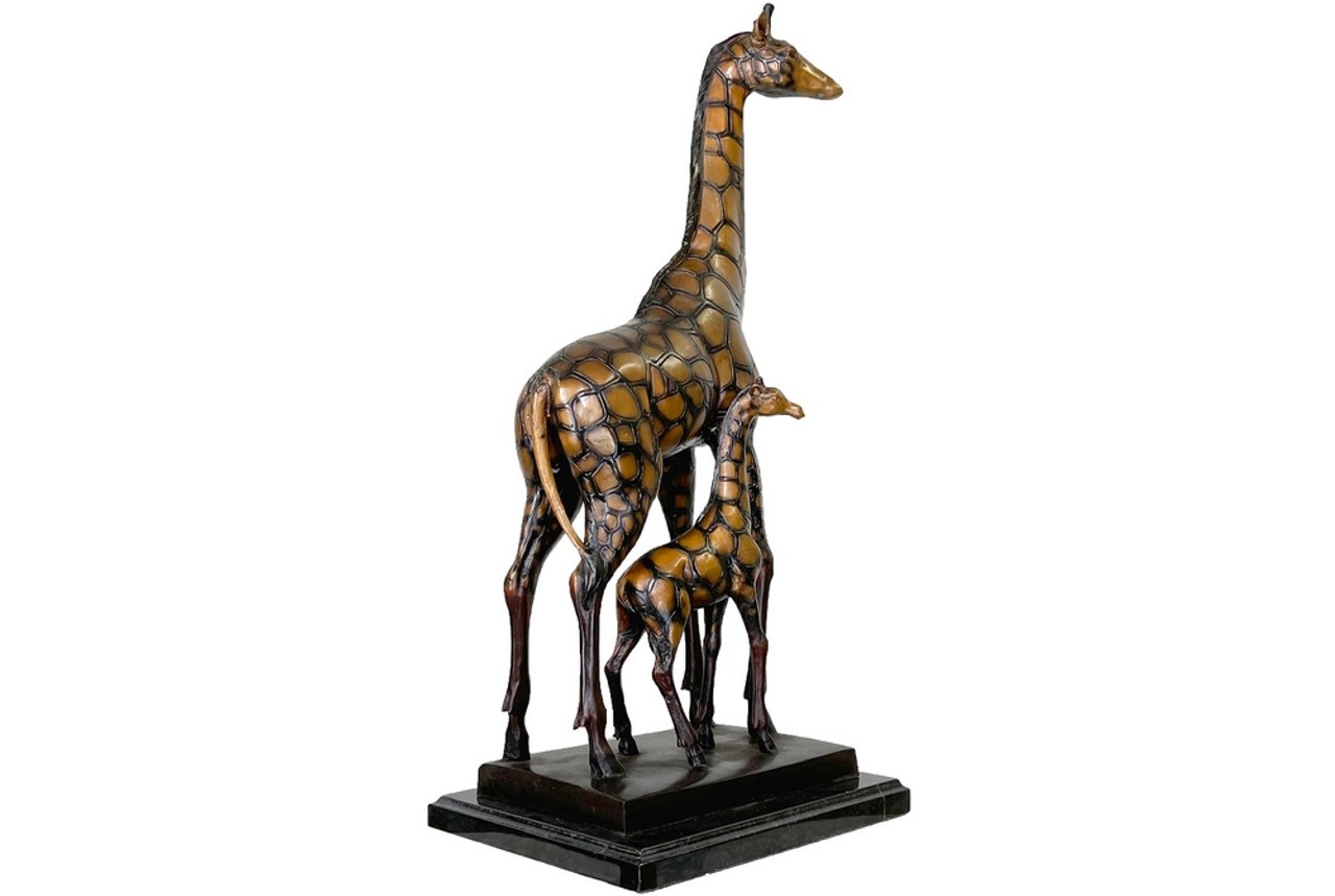 Celebrate the Beauty of Nature with the Bronze Giraffe and Calf Tabletop Sculpture