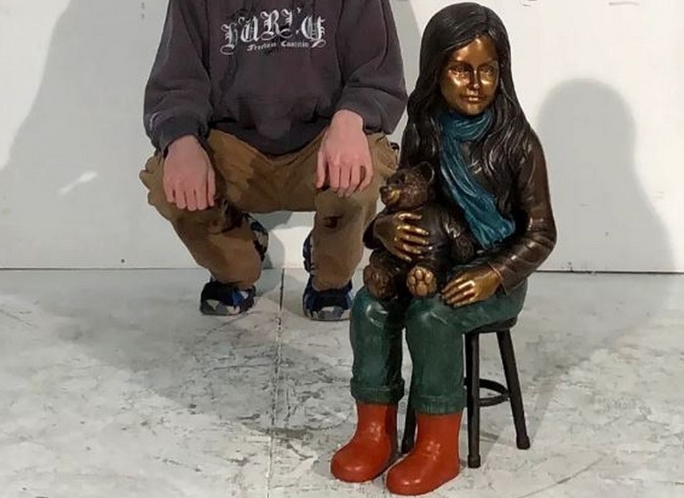 Girl Holding Teddy Bear Sitting On Stool Bronze Sculpture