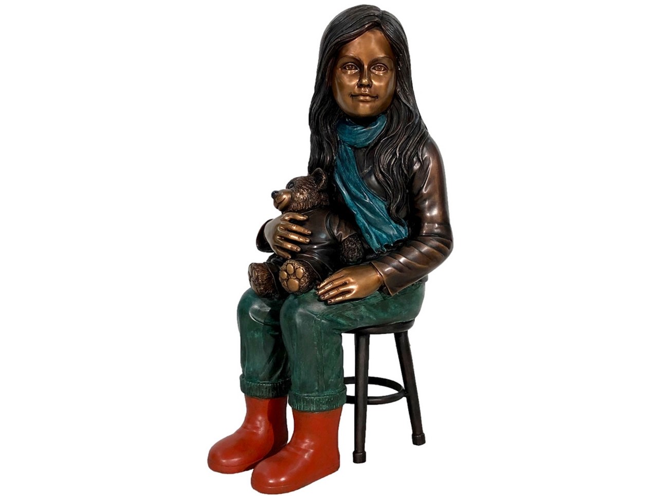 Girl Holding Teddy Bear Sitting On Stool Bronze Sculpture