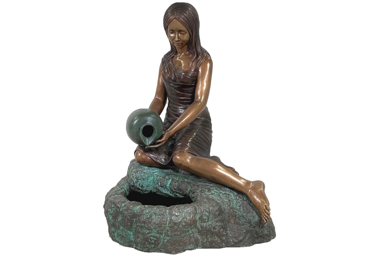 This beautiful life-like sculpture features a self-contained fountain with a girl pouring water from a vase.