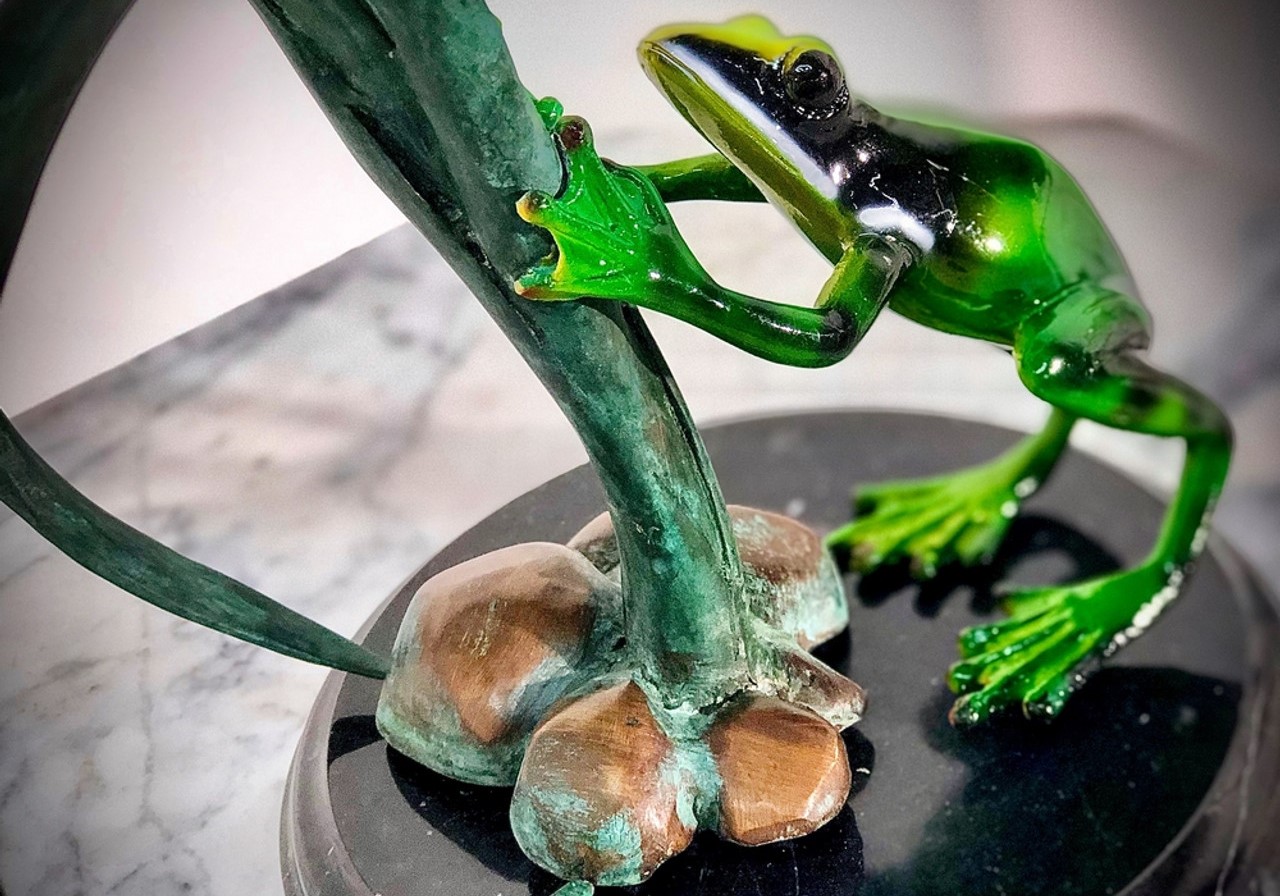 Bronze Frogs and Dragonfly on Grass Tabletop Sculpture on Marble Base