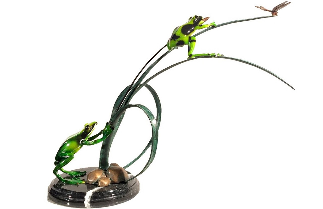 Bronze Frogs and Dragonfly on Grass Tabletop Sculpture on Marble Base