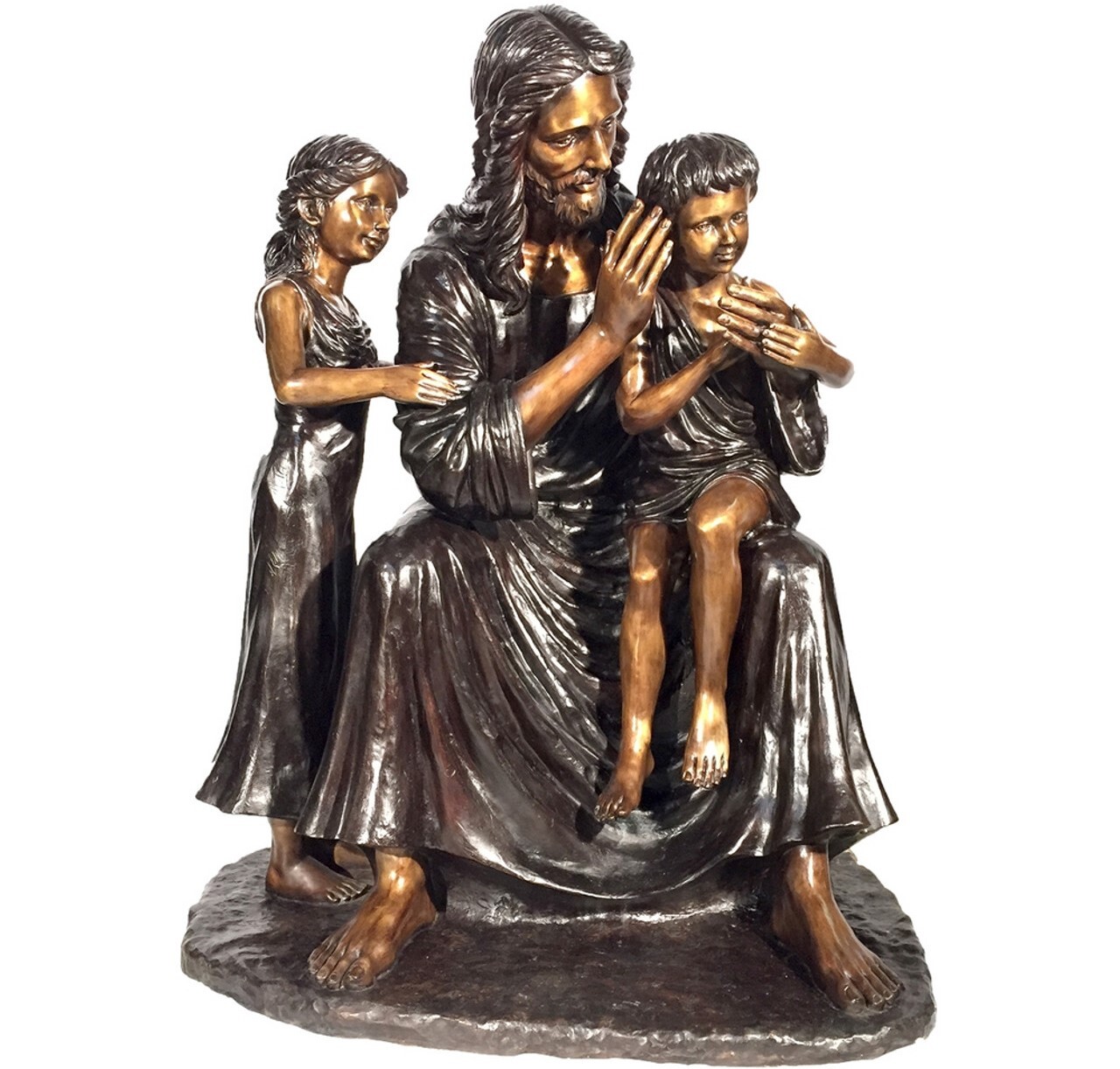 Bronze Jesus with Children Tabletop Sculpture: A Timeless Accent for Sacred & Sophisticated Spaces The true-to-life bronze tabletop sculpture of Jesus with two children features a beautiful brown fire-applied patina and painstaking hand-forged details.