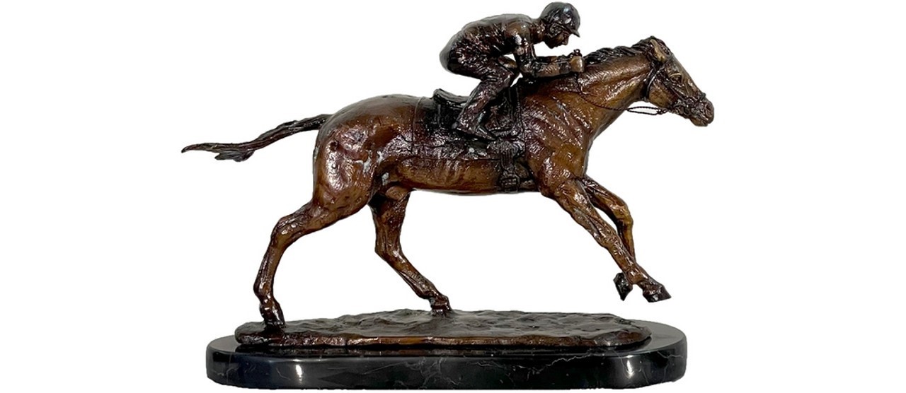 Bronze Jockey on Horse Tabletop Sculpture with Marble Base