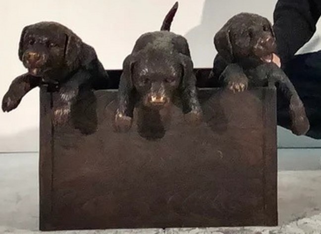 Delight Any Dog Lover with the Bronze Lab Puppies in a Box Sculpture