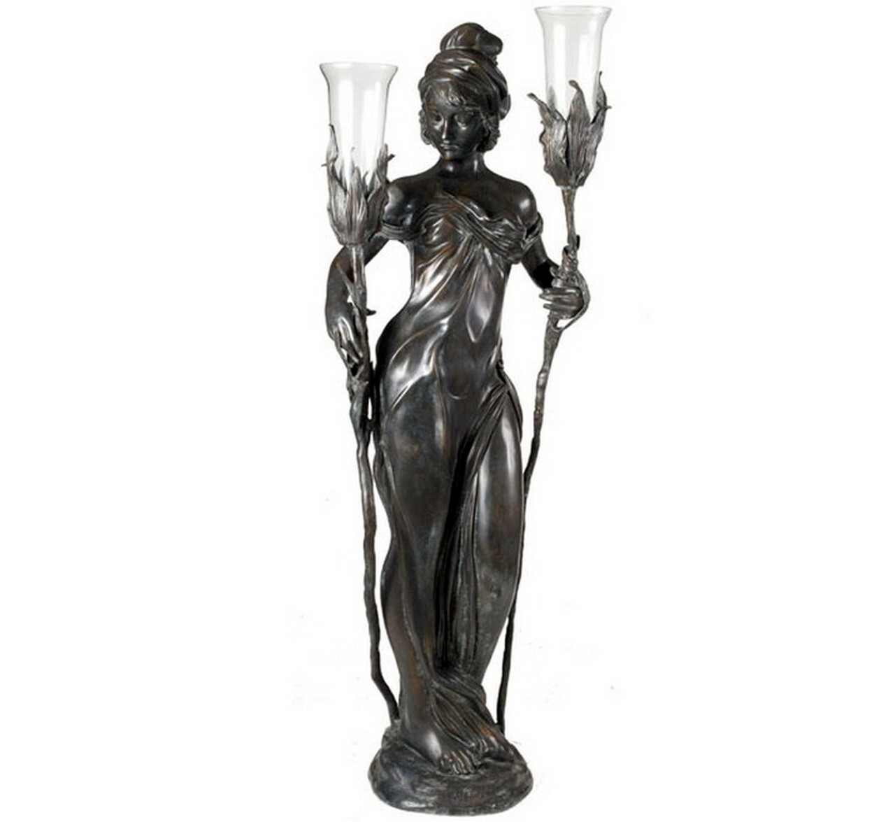 This magnificent bronze sculpture features a lady called Liana holding a pair of torchieres.
