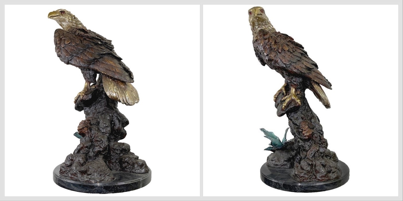 Bronze Large Eagle Tabletop Sculpture on Marble Base: A Majestic Fusion of Power, Craftsmanship, and Timeless Elegance This large Bronze Large Eagle Tabletop Sculpture on Marble Base features a life-like eagle perched on a tree trunk, surveying its domain for prey.