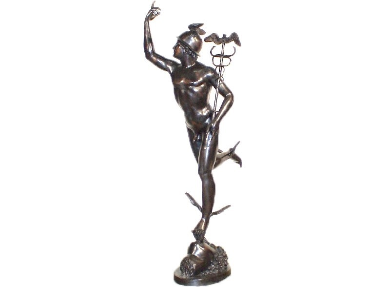 Bronze Mercury Sculpture A Timeless Tribute to Speed, Grace, and Classical Craftsmanship The bronze Mercury sculpture features a beautiful fire-applied patina to complement your indoor or outdoor space.