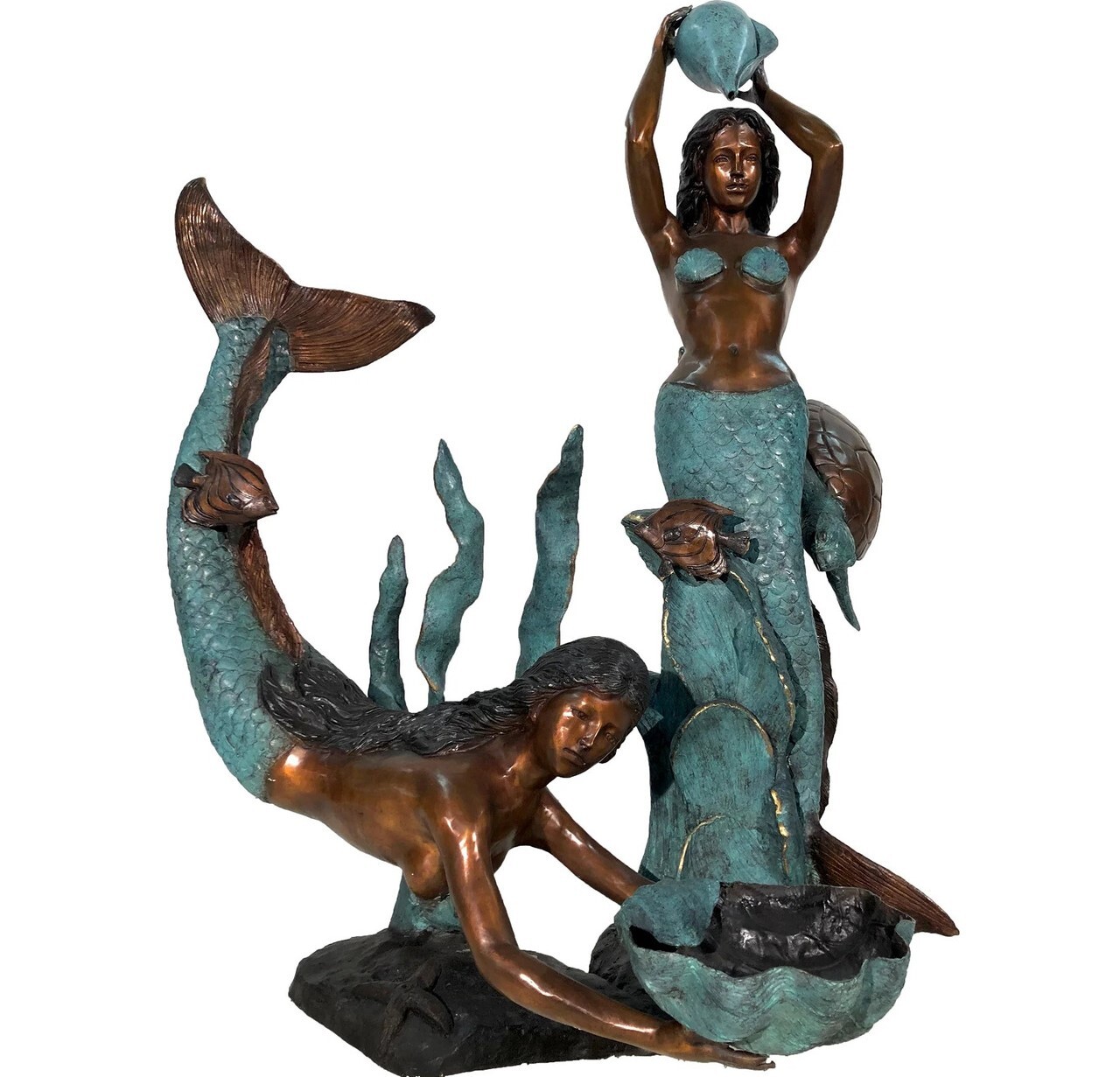 This stunning bronze fountain sculpture features a pair of mermaids in the ocean among reeds and sea life.