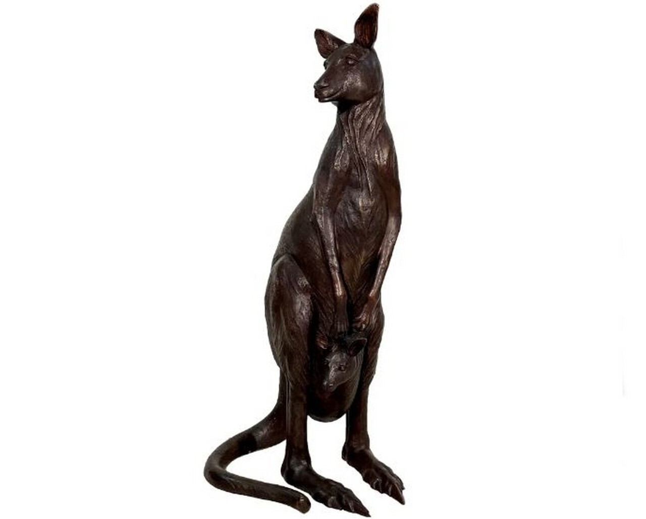 The bronze sculpture features a protective mother kangaroo with her joey in the pouch.