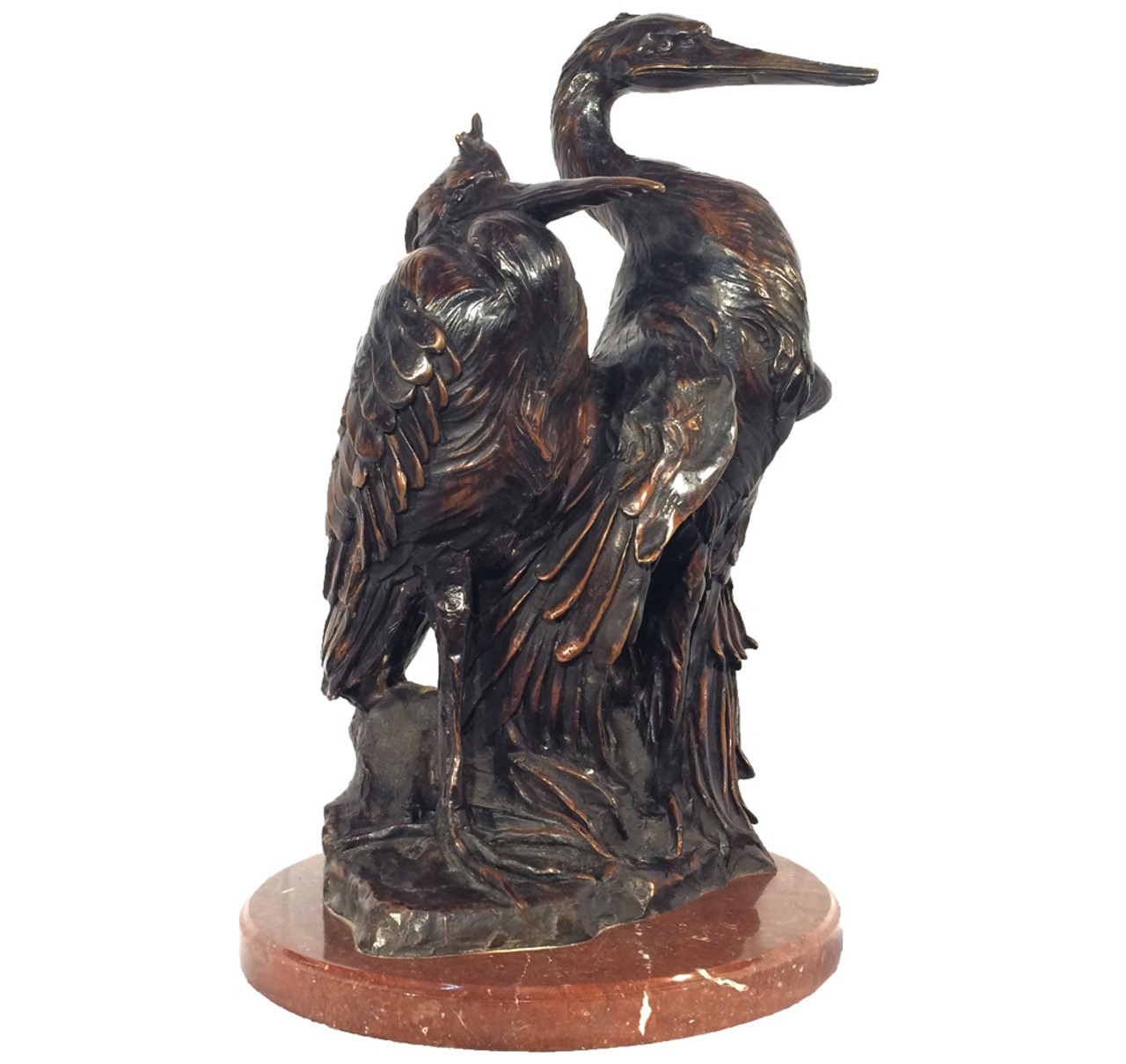 Bronze Cormorants on Base Rock Tabletop Sculpture on Red Marble