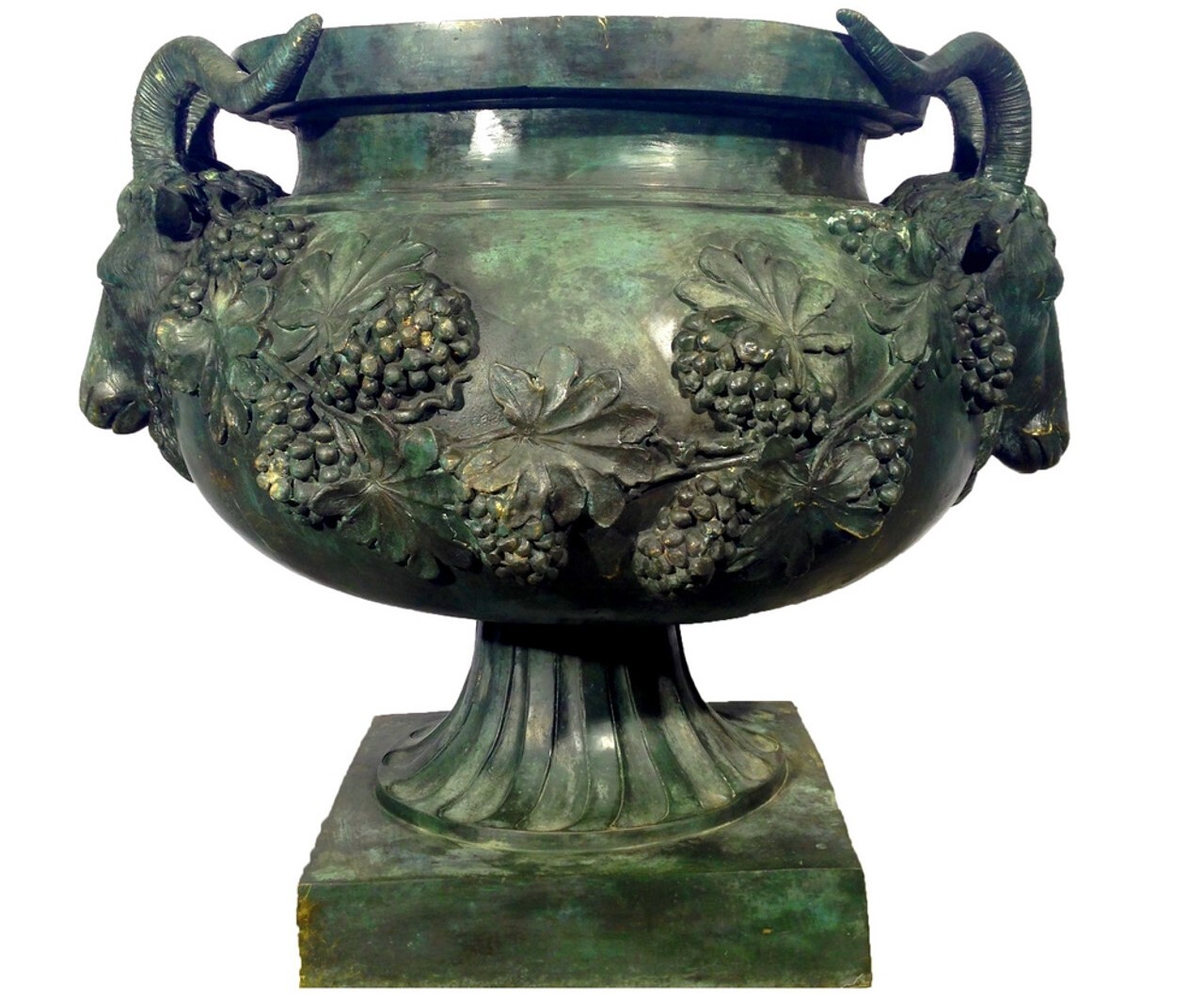 This large classical Roman-style bronze planter urn features a pair of rams head handles and decorative grapevine accents.
