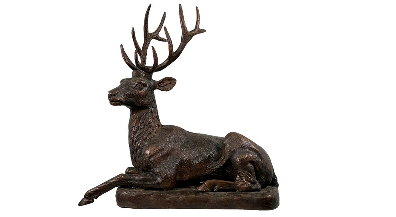 Bronze Deer Reclining on Rock Tabletop Sculpture