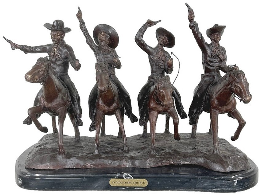 Capture the Spirit of the Old West: Bronze Remington Coming Through the Rye Tabletop Sculpture Step back in time with the Bronze Remington Coming Through the Rye Tabletop Sculpture, a stunning replica of Frederic Remington's 1902 masterpiece, his largest work to date.