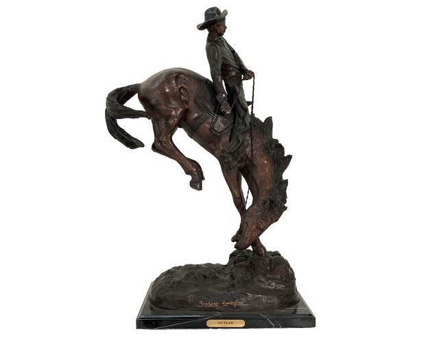 The statue features meticulous hand-forged details and a beautiful multi-tone fire-applied patina. 