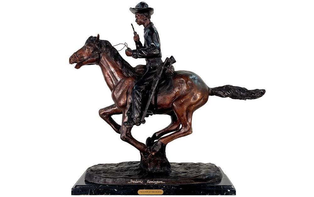 Introducing the Bronze Remington &lsquo;Trooper of the Plains&rsquo; Tabletop Sculpture on a Marble Base. Crafted using the traditional Lost Wax Casting method, this sculpture ensures pristine quality and vivid detail. Each piece features a beautiful brown fire-applied patina, making it a stunning additio