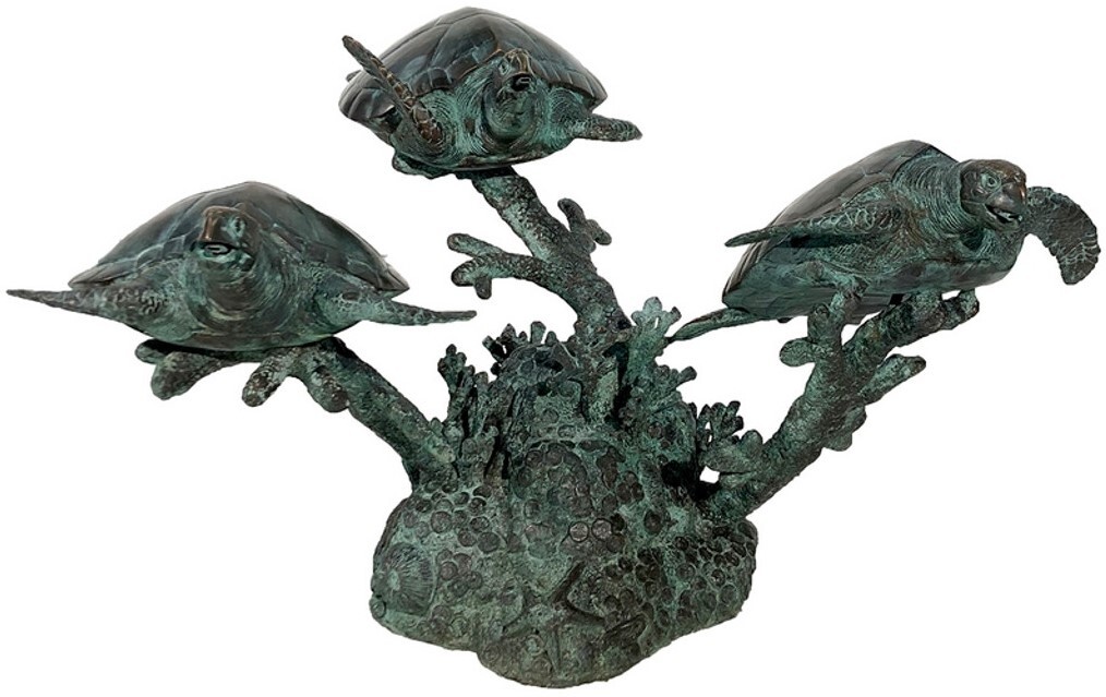 This wonderful bronze fountain sculpture features a highly-detailed sea turtle trio serenely swimming amongst the coral.
