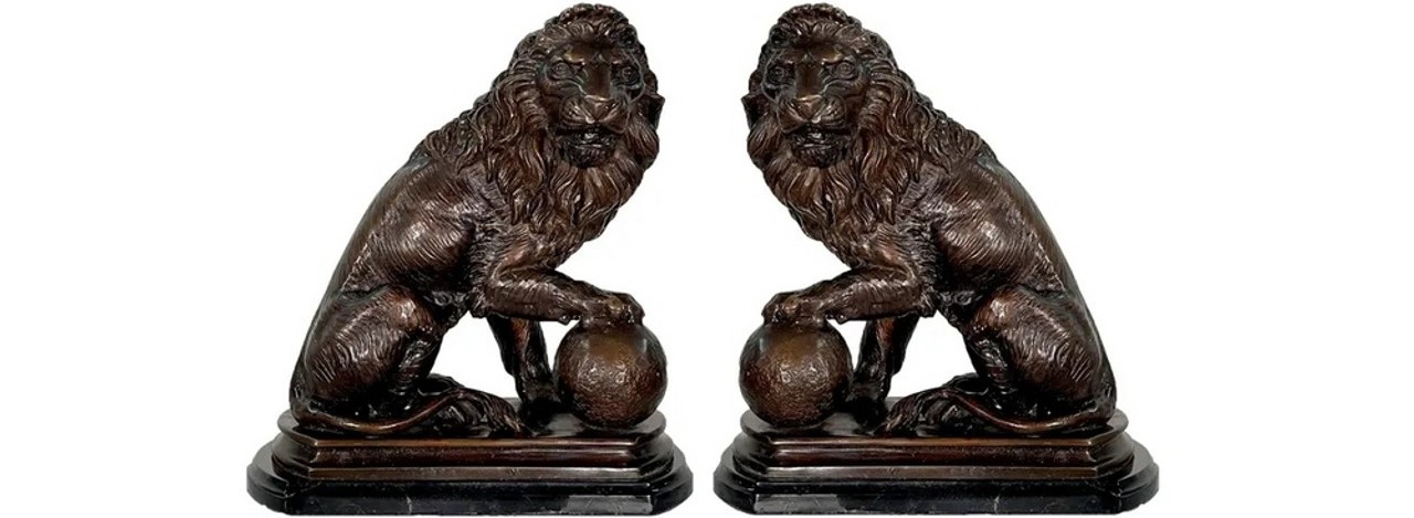 Bronze Sitting Lion Pair With Ball Tabletop Sculpture on Marble Base