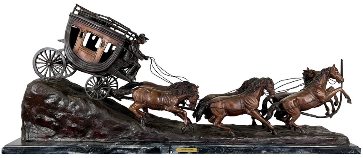  Capture the Spirit of the Old West with the Bronze C.M. Russell Stagecoach Tabletop Sculpture