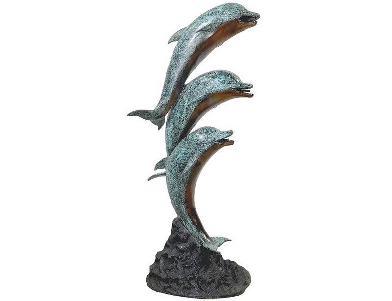 This bronze fountain sculpture features three playful dolphins jumping and frolicking.