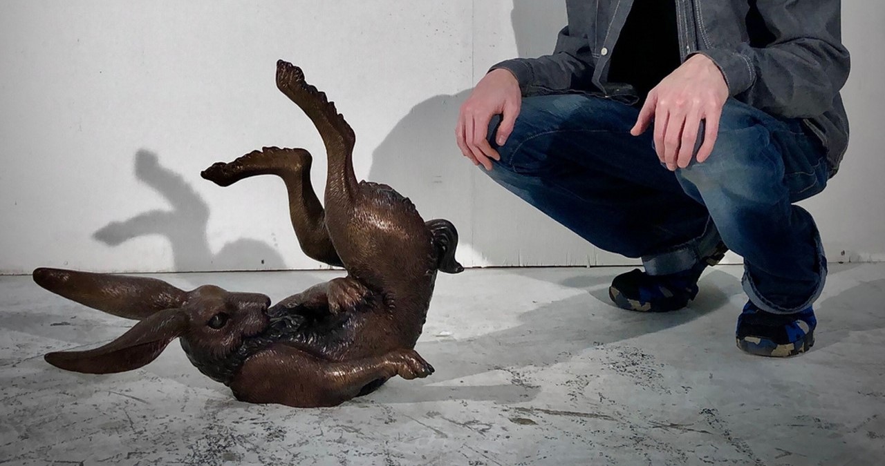 Bronze Tumbling Bunny Rabbit Tabletop Sculpture