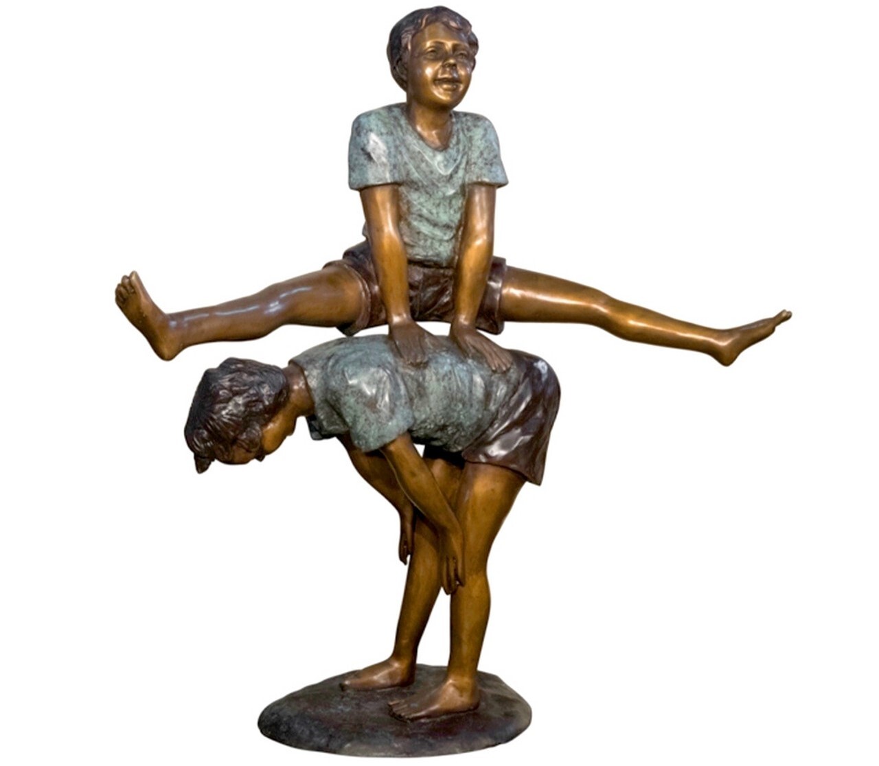 Bronze Two Boys Playing Leapfrog Sculpture: A Celebration of Joy in Motion This life-like bronze sculpture features two boys playing leapfrog. The statue is cast and crafted in the time-consuming traditional lost wax bronze casting technique.