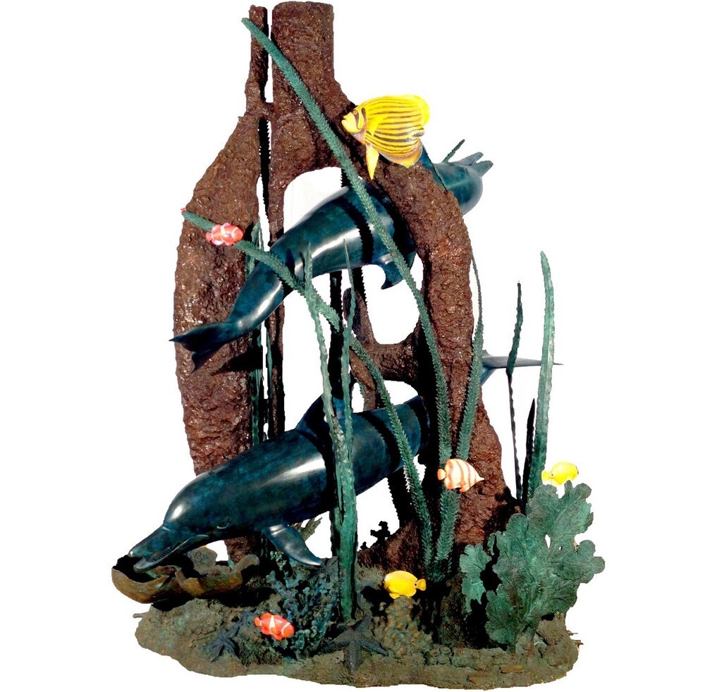Bronze Two Dolphins Swimming in Sea Coral Fountain Sculpture: A Majestic Underwater Scene Brought to Life in Bronze This striking bronze fountain sculpture features two dolphins and other colorful sea life swimming among coral.