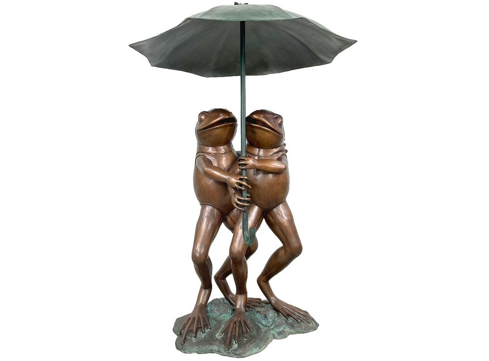 This bronze fountain sculpture features two whimsical frogs holding an umbrella.