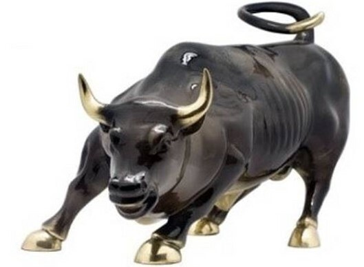 Bronze Wall Street Bull with Brass Accent Tabletop Sculpture This bronze tabletop sculpture features the Charging Wall Street Bull with brass accents.
