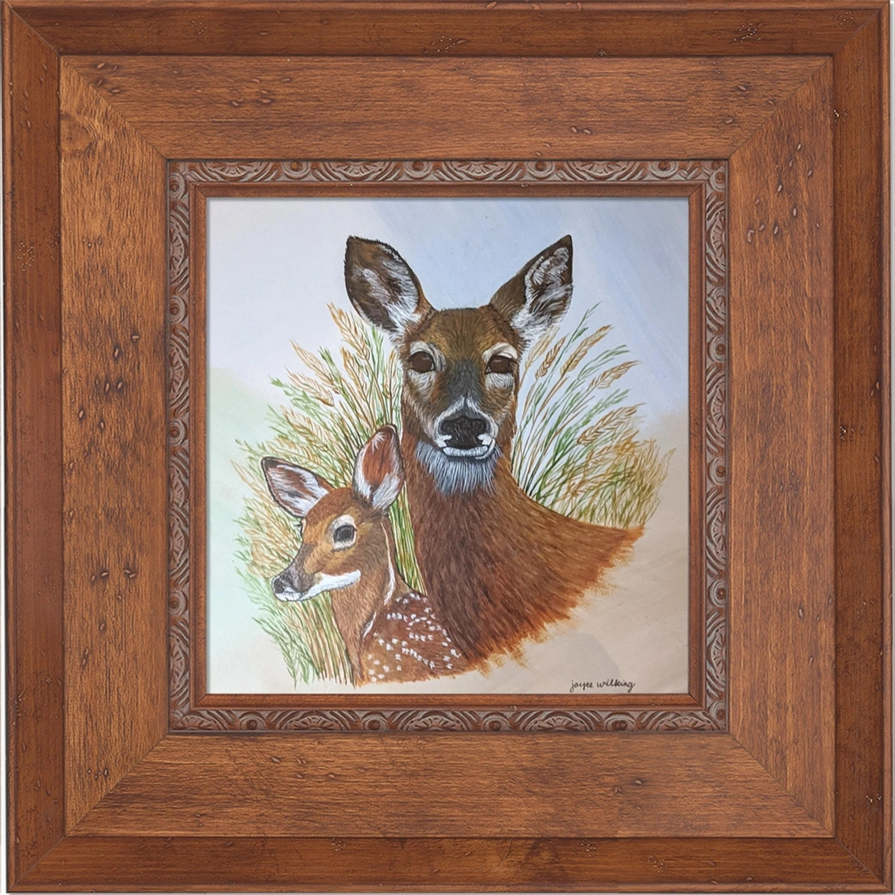 Deer Doe and Fawn in Faded Circle Framed Original Canvas by Joyce Wilking