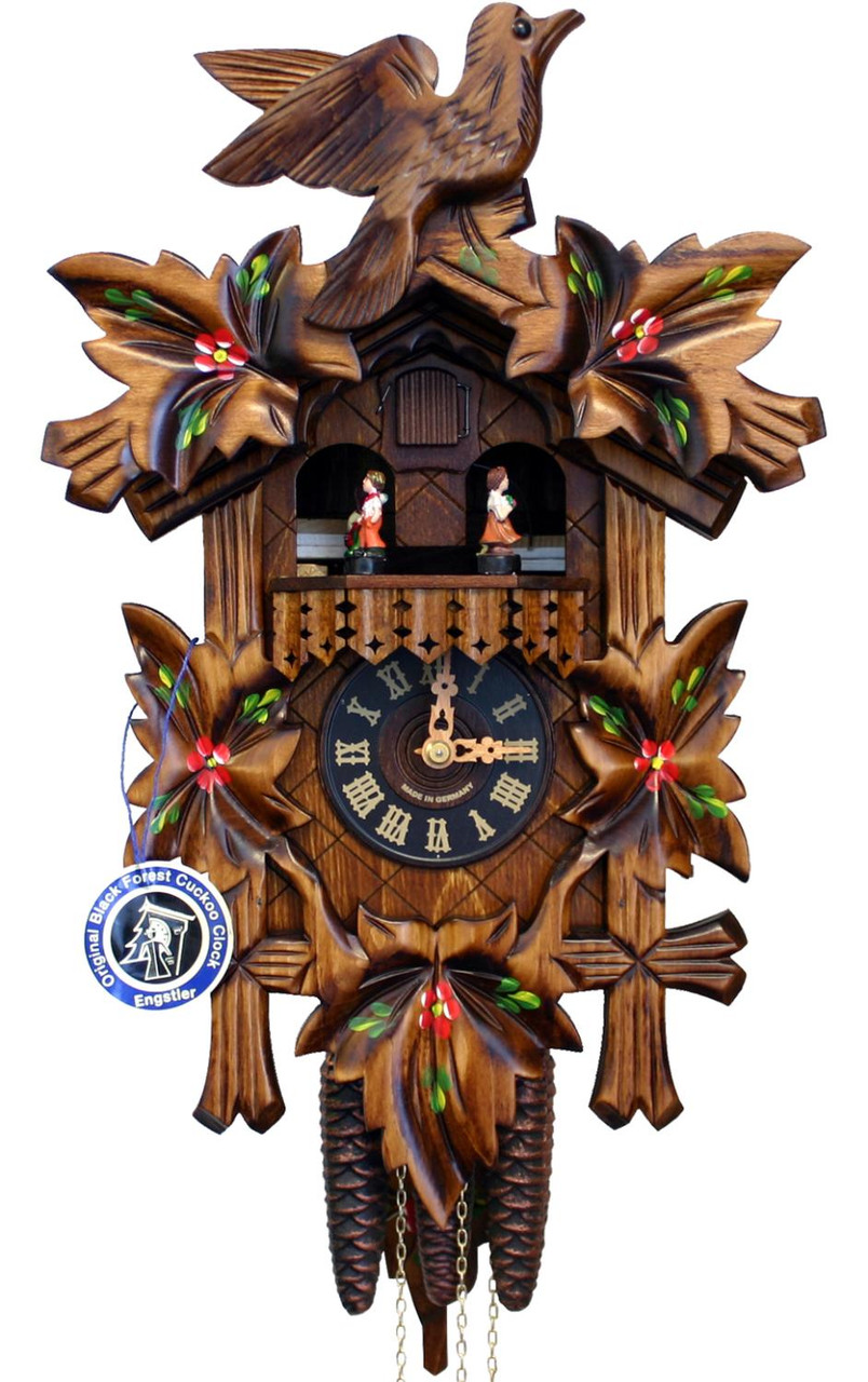 Engstler Black Forest Chalet Cuckoo Clock Carved Leaf Design is a Symphony of Tradition and Elegance