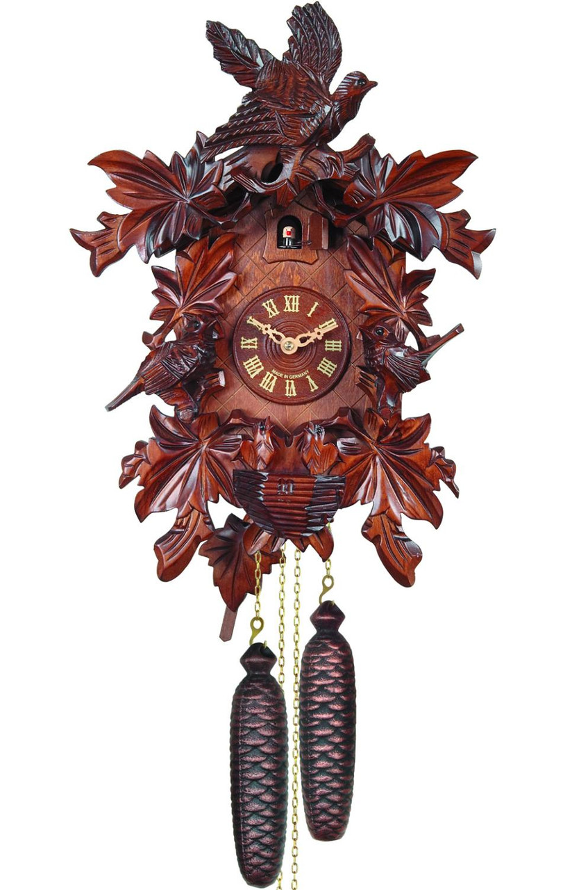 Engstler Black Forest Chalet Cuckoo Clock Exquisite 7 leaf Carved design with 3 birds and Wood Chopper