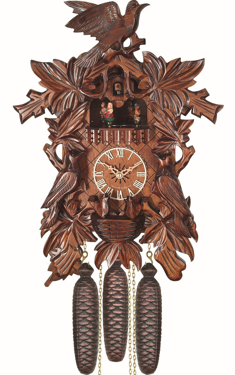 Engstler Black Forest Cuckoo Clock Carved Leaf Design Birds and Dancers and 8 day Weight Driven Movement