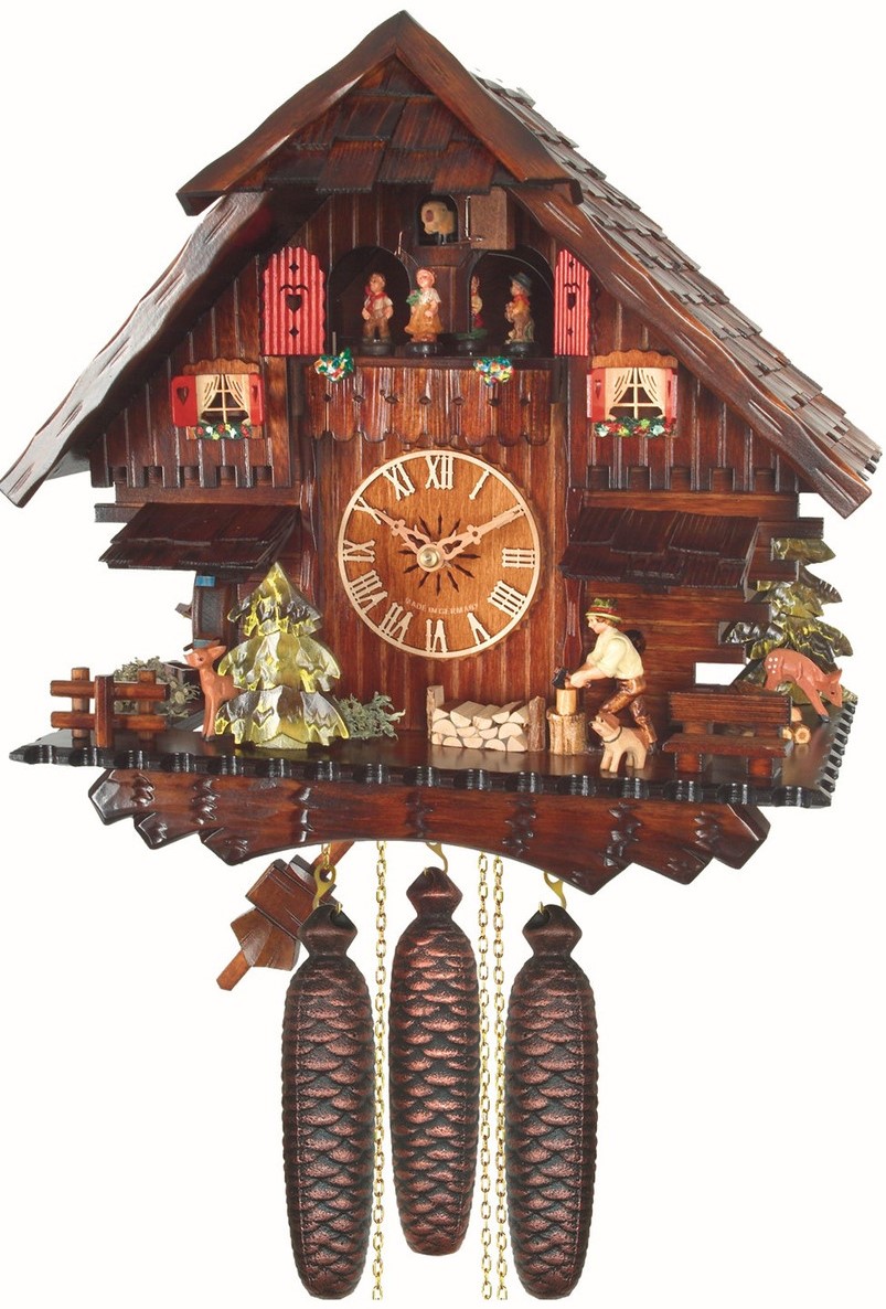 The Engstler Black Forest Chalet Wood Chopper Cuckoo Clock Plays Edelweiss and Happy Wanderer Dancers