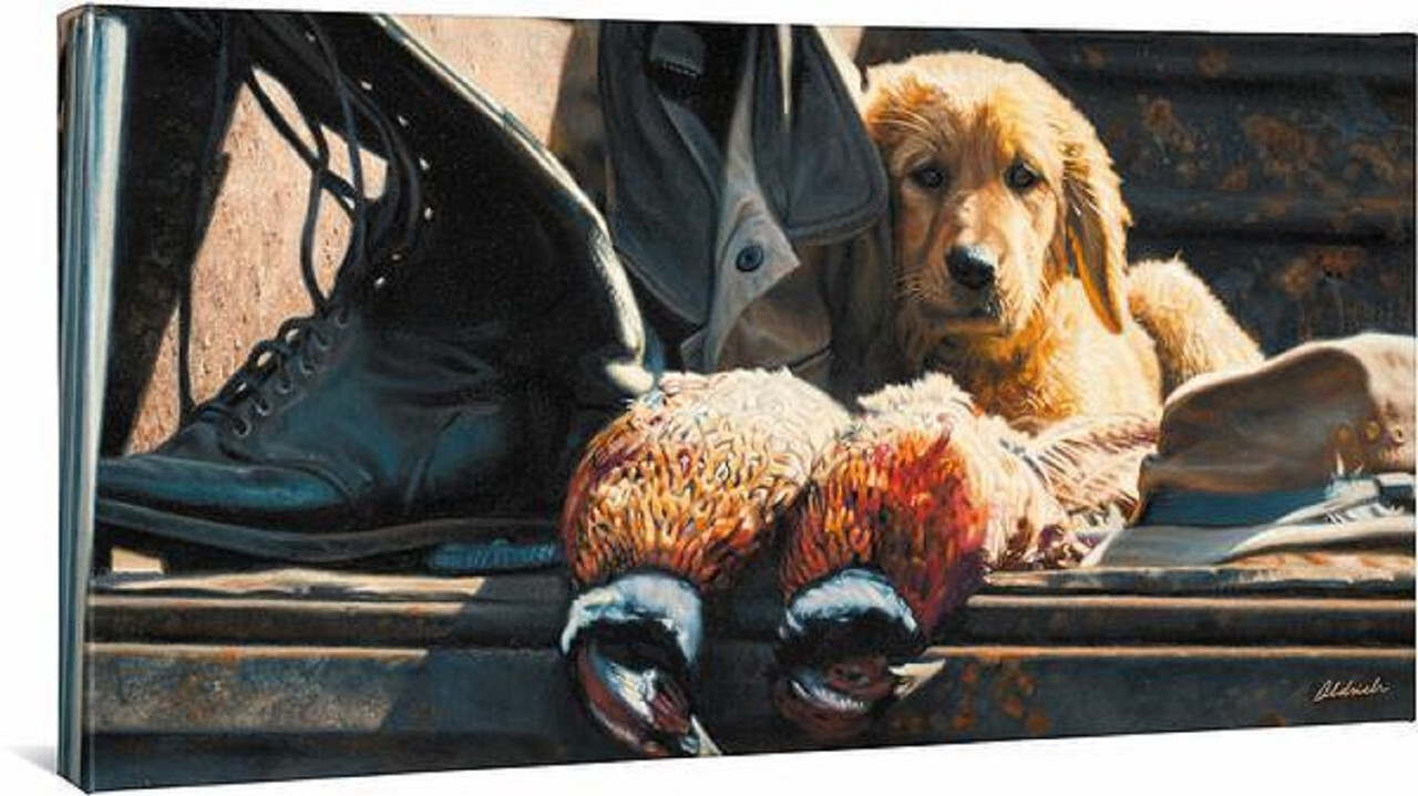 The golden retriever, surrounded by classic hunting gear and vibrant game birds, evokes not only quiet pride but also nostalgia and a deep bond shared between outdoorsmen and their loyal friends, capturing a heartfelt tradition that resonates with every viewer.