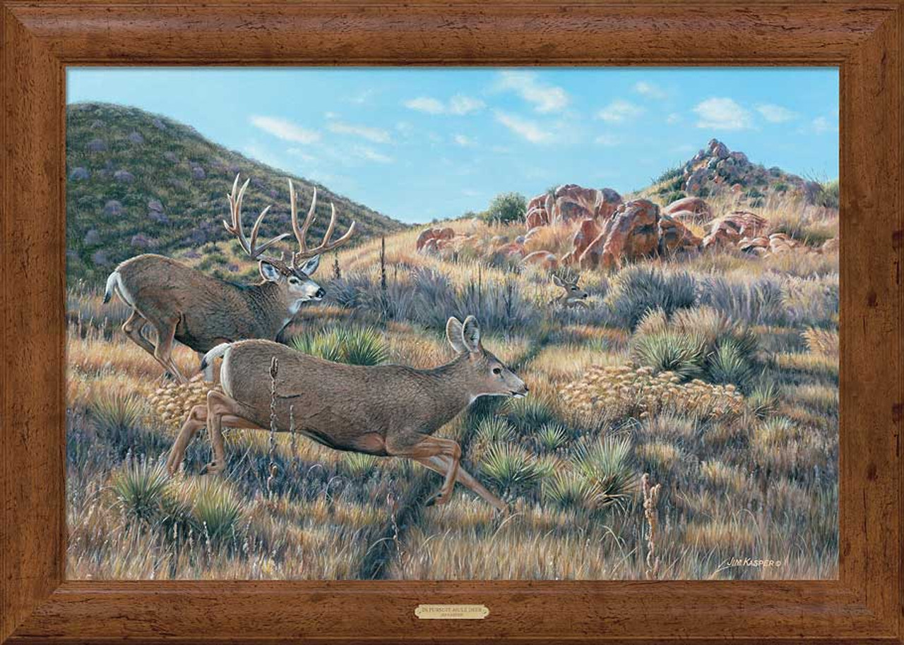 In Pursuit Mule Deer Framed Gallery Art Print by Jim Kasper