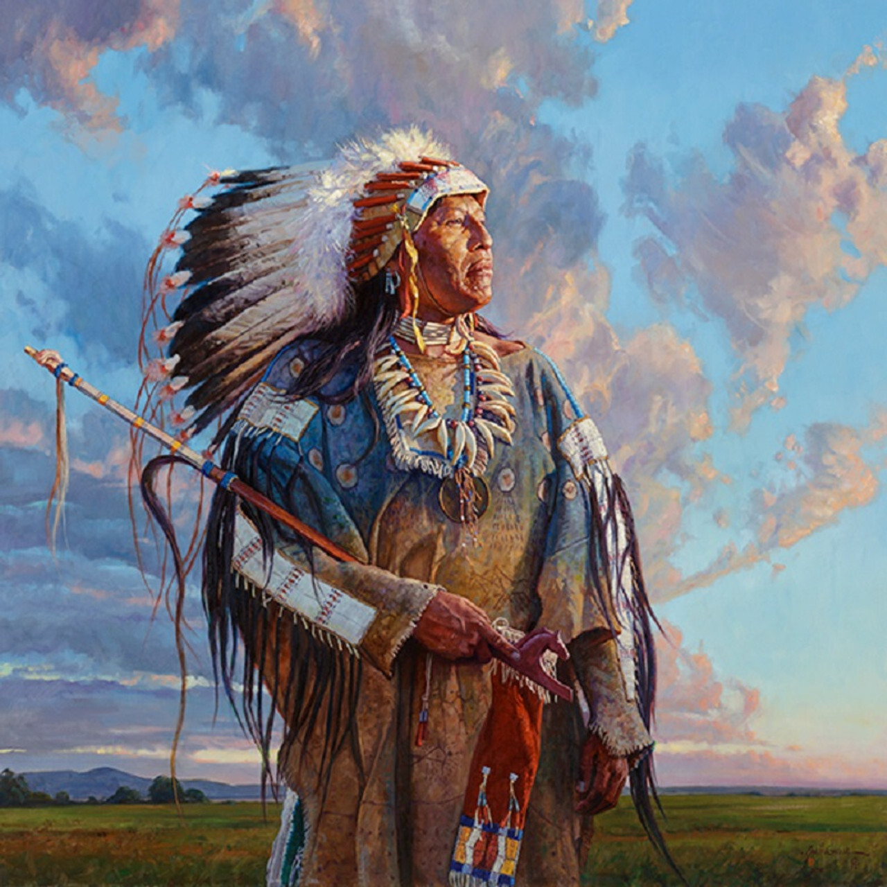 This giclée on canvas captures the essence of Native American heritage, showcasing a figure in traditional regalia against a breathtaking backdrop of rich hues and vast landscapes.