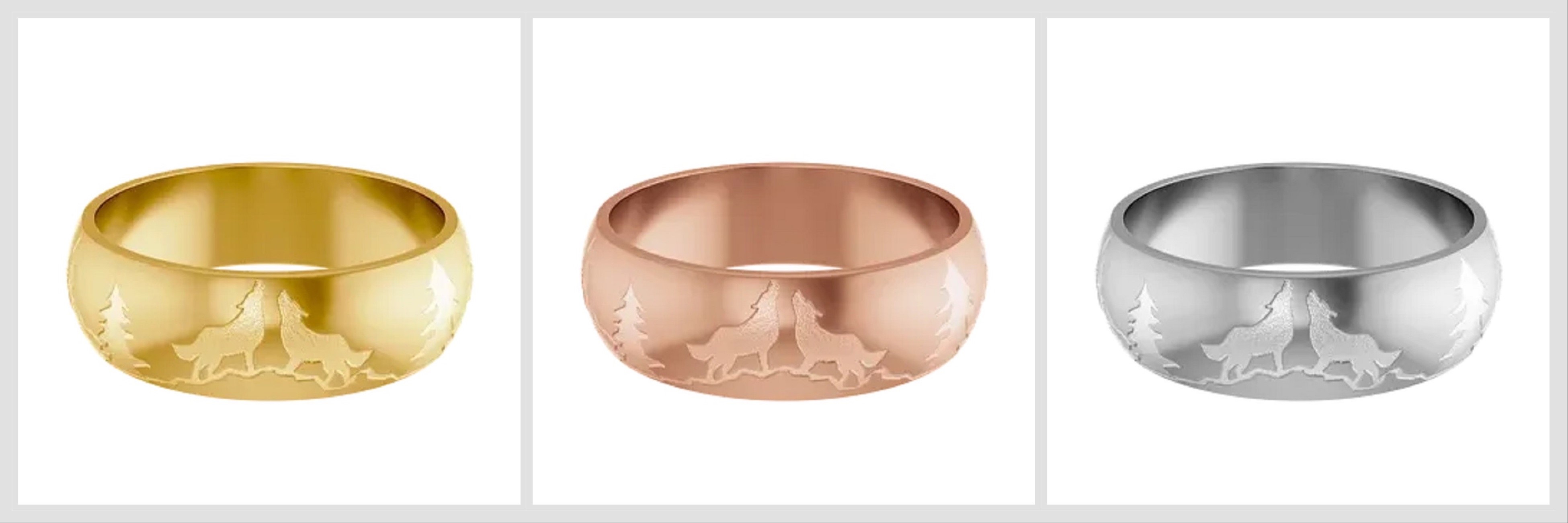 Mountain Wolves Theme Engraved Comfort Fit Wedding Bands 