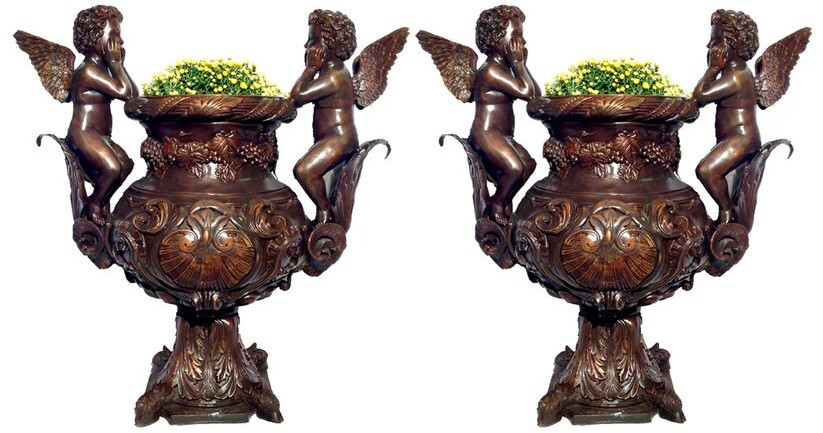 Elevate your estate, garden, or architectural entryway with this museum‑quality Bronze Two Cupids Planter Urn Sculpture Pair. Cast entirely from solid bronze, this matched set features cherubic cupids embracing classical urn forms&mdash;each figure rendered with graceful wings, expressive detail, and timeless romantic charm.