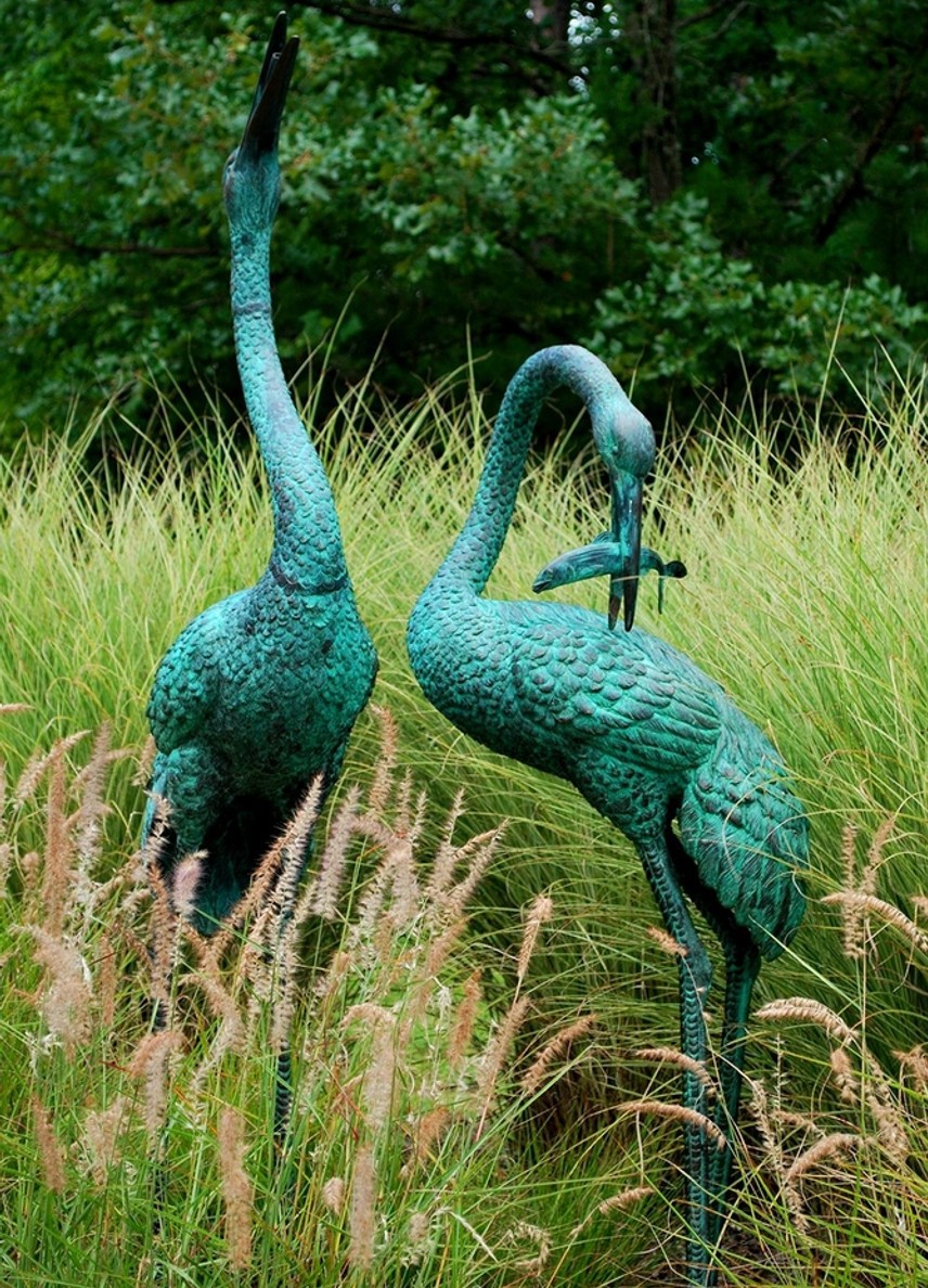 Standing Crane Fountain Pair Bronze Sculpture